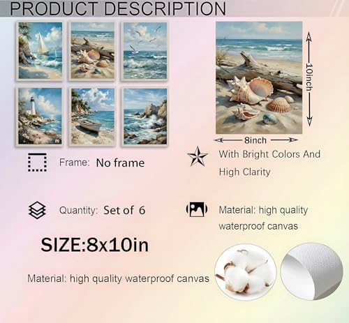 KYSNGMT Coastal Wall Art Set of 6 Beach Pictures Unframed - Image 5