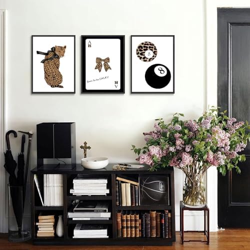 Set of 3 Trendy 8 Ball Leopard Wall Art Ace Card Bow Wall Decor Pictures Funky - Image 4