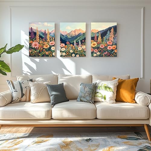 Hianan Wrapped Canvas Boho Moutain Wildflower Wall Art Set of 3, 16x24 in - Image 2