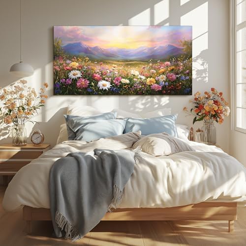 crmotu Rustic Oversized Canvas Art, Mountain Flower Sunset Prints 29"x57" - Image 2