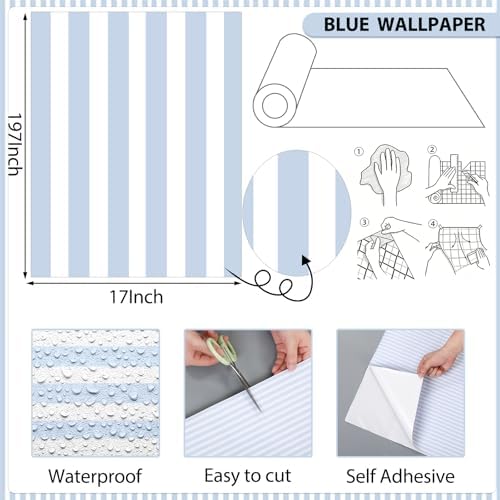 Colarr Blue Striped Peel and Stick Wallpaper 17'' x 197'' Contact Paper - Image 2
