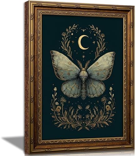 Vintage Gold Framed Celestial Moth Crescent Moon Wall Art Gothic Moody Ethereal by VintageGoldFramedwallart