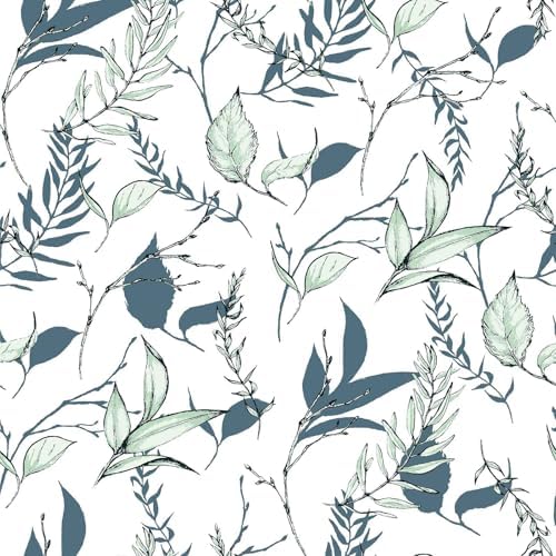 Sage Green and Blue Leaf Peel and Stick Wallpaper 17.7in x 213in by Akodm