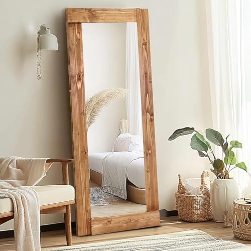 58x24in Full Length Mirror, Solid Wood Convex Frame, Light Brown - Image 4