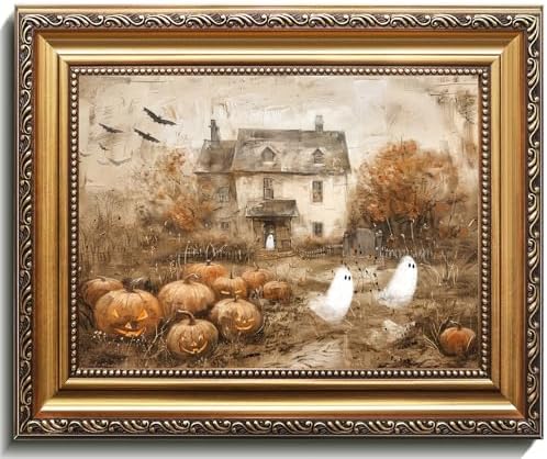 uniro Vintage Gold Framed Wall Art, Vintage Cute Ghosts Haunted Halloween by uniro