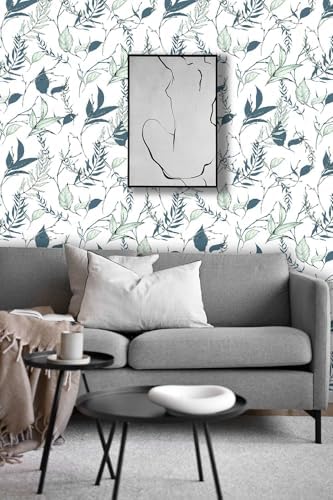 Sage Green and Blue Leaf Peel and Stick Wallpaper 17.7in x 88.5in - Image 2