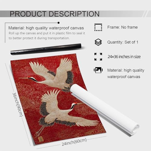 Retro Japanese Canvas Wall Art Funny Oriental Crane Posters Red And Gold Bird - Image 6