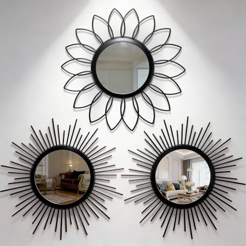 Set of 3 Black Metal Sunburst Wall Mirrors by HMANGE