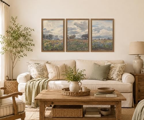 Vintage Framed Farmhouse Wildflower Meadow Landscape Wall Art Set of 3 - Image 4