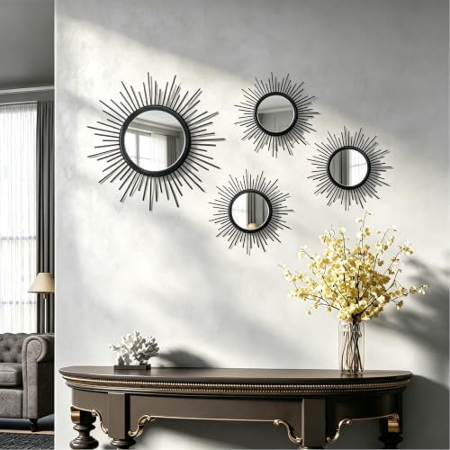 4 Pieces Gold Sunburst Wall Mirror Set Modern Metal Circles by sxnzequnze