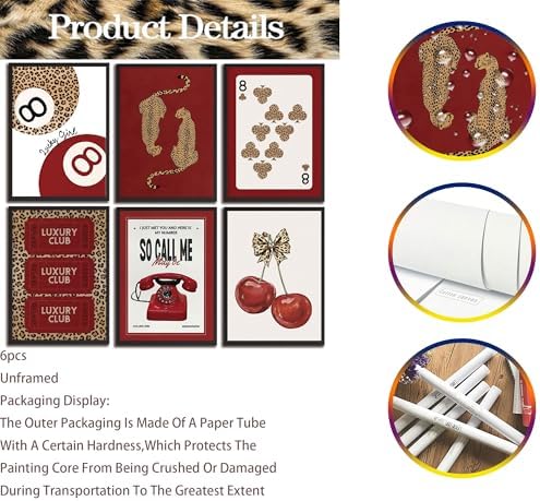 HHB 6Pcs Trendy Red Leopard Canvas Wall Art Unframed 8X10in - Image 7