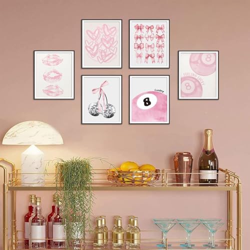 Cute Pink Girl Poster Set of 6, Light Pink Coquette Wall Art Trendy Lucky 8 - Image 6