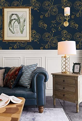 Safiyya 196"x17.3" Peel and Stick Wallpaper Gold and Blue Contact Paper Floral - Image 2