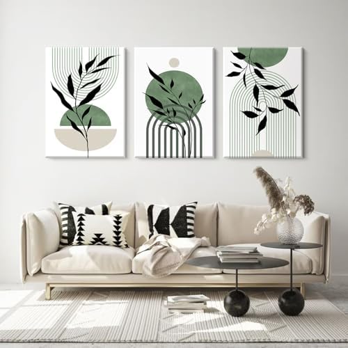 Mid Century Modern Wall Art Set of 3 Sage Green Canvas Wall Art Boho Prints - Image 5