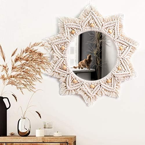 TENEWEE Boho Wall Decor White Macrame Round Hanging Mirror - Image 5