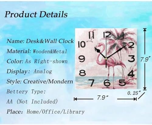 Seaside Tropical Pink Flamingos Square Wall Clock, 8 Inch Standard Non Ticking - Image 3