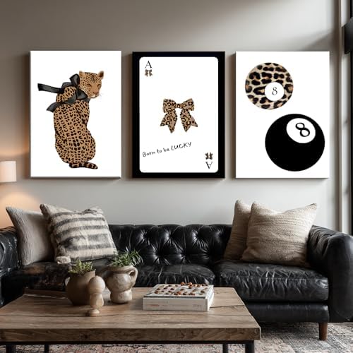 Set of 3 Trendy 8 Ball Leopard Canvas Wall Art Ace Card Bow Wall Decor Pictures - Image 5