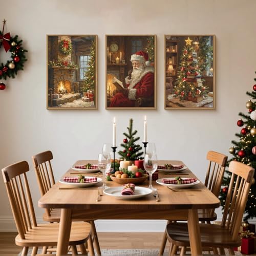 Large Vintage Christmas Framed Canvas Wall Art Set, Santa Reading Book Wall - Image 3