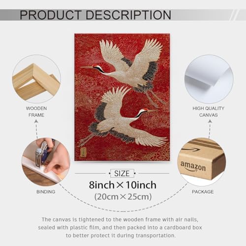 Retro Japanese Canvas Wall Art Funny Oriental Crane Posters Red And Gold Bird - Image 6