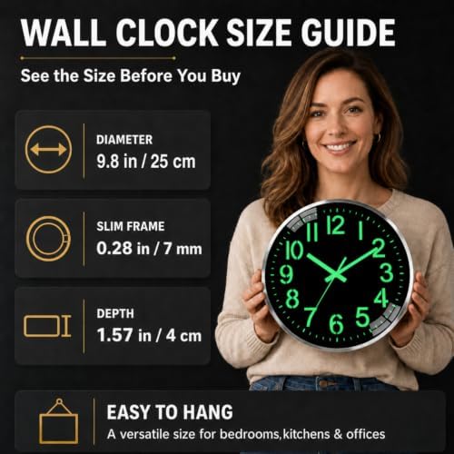 9.8-inch wall clock with metal frame, illuminated and silent - Image 2