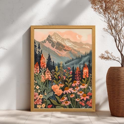 IAFWZX Wood Framed Boho Mountain Wildflower Wall Art Set of 3, 16x24 in - Image 6