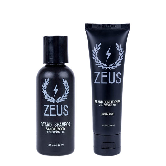 ZEUS Travel Beard Shampoo & Conditioner Combo for Men, Grooming Set with Green Tea & Essential Oils, Softens, Hydrates & Moisturizes Facial Hair (Made in USA) Sandalwood