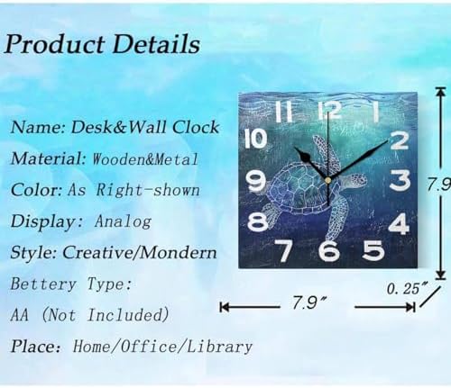 Beautiful Ocean Blue Water Sea Turtle 8 Inch Square Wall Clock, Non Ticking - Image 3