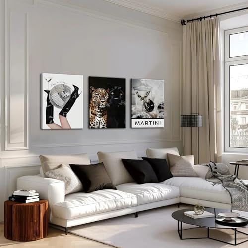 Framed Trendy Leopard Canvas Wall Art Set of 3, Funky Martini Cheetah Pictures - Image 2