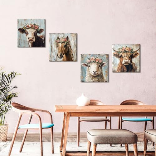 Animal Wall Art Highland Cow Wall Decor Rustic Flower Pictures Farmhouse Animal - Image 3