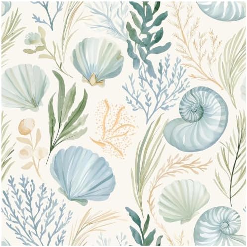 HAOKHOME Coastal Peel and Stick Wallpaper Seashell Bathroom 17.3in x 19.7ft by HAOKHOME