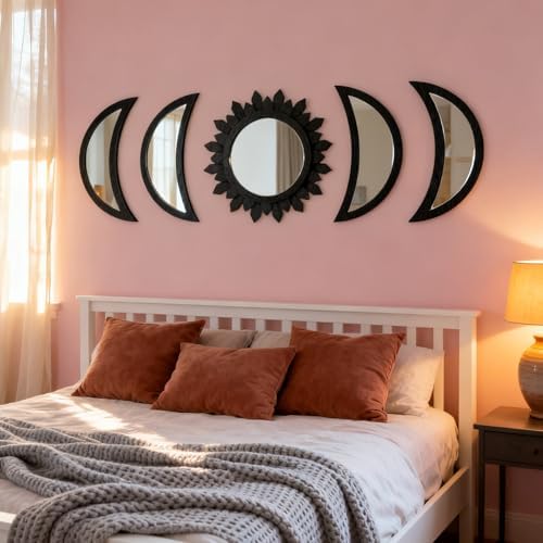 5 Pieces Moon Phase Mirror Wall-Mounted Wall Decor Mirrors Natural Wooden - Image 4