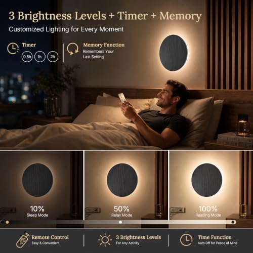 Battery Operated Wall Sconce, Round Black Wood Grain LED Wall Light - Image 4