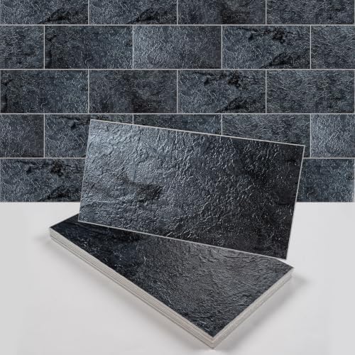 6" x 12" Midnight Black Slate Peel and Stick Backsplash Wall Tiles, PVC Faux by V-MOZZA
