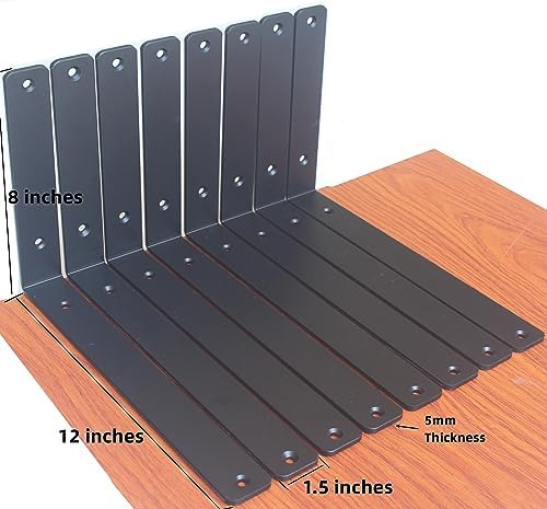 4 Pack - L 12" x H 8" x W1.5, 5mm Thick Black L Shelf Bracket, Iron Shelf - Image 2