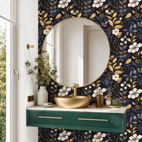 Laatse Vintage Dark Blue Gold Floral Peel and Stick Wallpaper 17.5"x393" - Image 5
