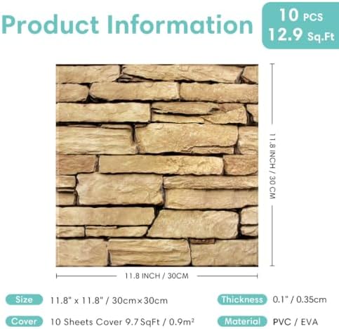 Commomy 3D Faux Stone Wall Panels Peel and Stick 10 Pcs 11.8" x 11.8" - Image 6