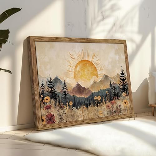 Framed Vintage Sunrise Mountain Landscape Wall Art, Retro Wildflower Nature - Image 2
