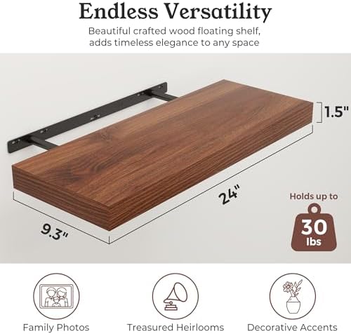24" Walnut Floating Shelves Wood Wall Shelf, Walnut Color - Image 2