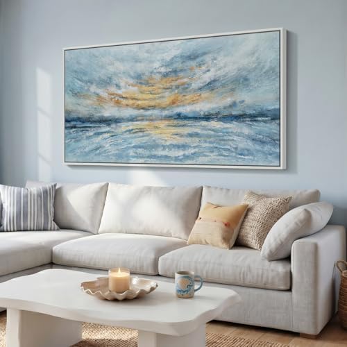 Extra Large Framed Blue Abstract Coastal Wall Art - Image 2