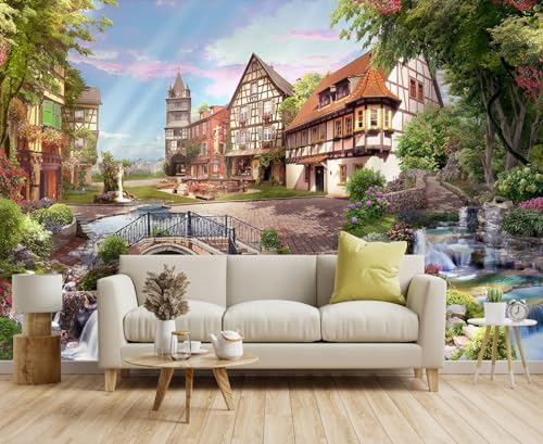 Flowery waterfall and beautiful street scene in the sunshine wall mural by Toolhom