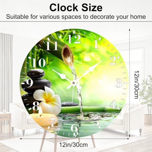 12" Silent Wall Clock, Round Wall Clock, Zen Stones and Flowers - Image 2