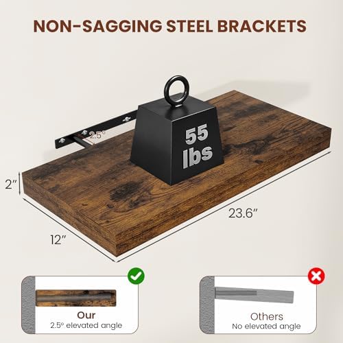 Vivelove 12" Deep Floating Shelves 24x12” Set of 2, Rustic Brown - Image 3