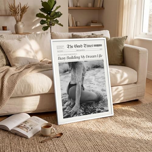 Funky Black And White Newspaper Canvas Wall Art 16x24in White Framed Trendy Hot - Image 5