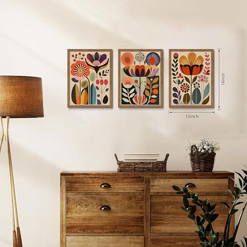 Framed Colorful Floral Wall Art Set of 3, Abstract Scandinavian Flower Canvas - Image 3