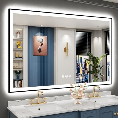 60x40 Black LED Bathroom Mirror, Backlit & Front Lit Lighted Mirror by Awandee
