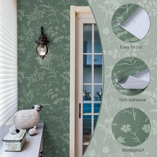 Heroad Sage Green Peel and Stick Wallpaper Boho Floral Contact Paper - Image 3