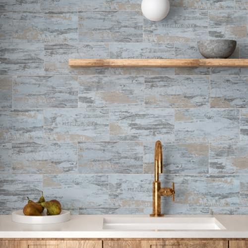 6" x 12" Aged Teal Peel and Stick Backsplash Wall Tiles, PVC Faux Stone Stick - Image 2