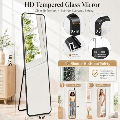 57x16" Full Length Mirror Floor Stand, Over the Door, Wall Mounted Black - Image 2