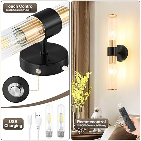 Black Gold Battery Operated Wall Sconces Set of Two, Sconces Wall Decor - Image 7