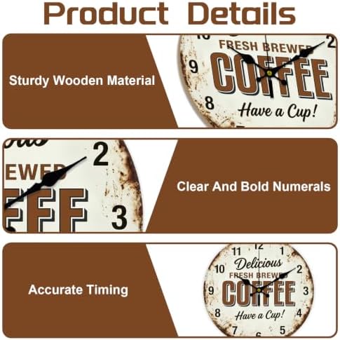 Retro Coffee Wall Clock Silent Non-Ticking 12" - Image 3